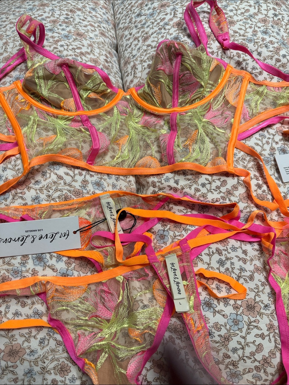 For Love & Lemons Neon Pink & Orange Sheer Embroidered Bra and Bikini Set NWT